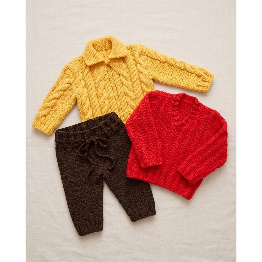 Vintage 1970s Hand Knit Baby Toddler Set Sweaters Pants‎ Yellow Red Brown